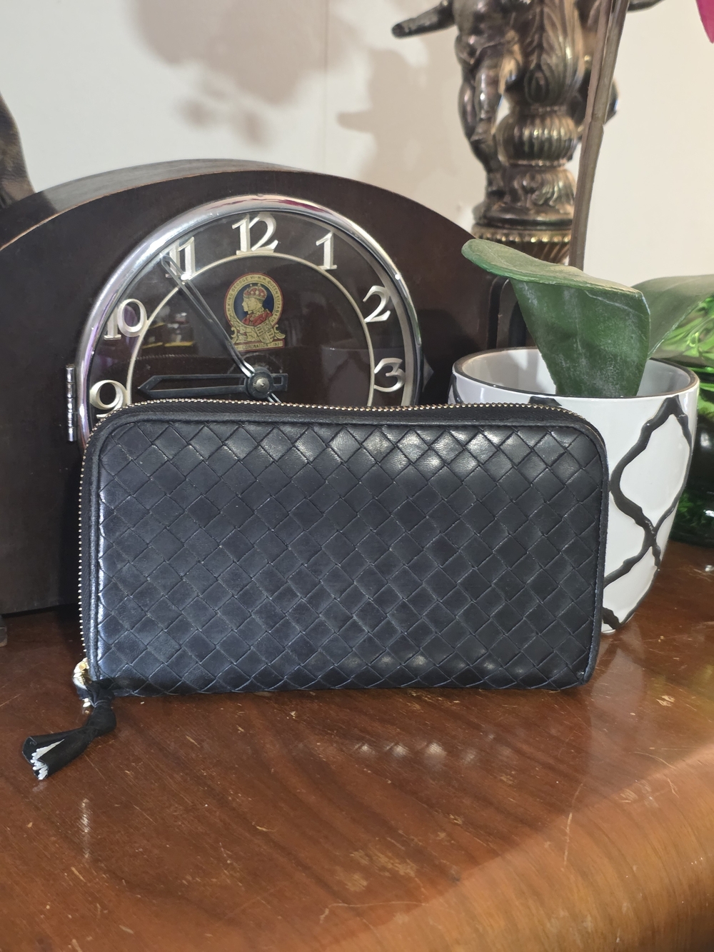 Authentic Bottega Veneta Intrecciato Zip-Around Long Wallet - Black Leather